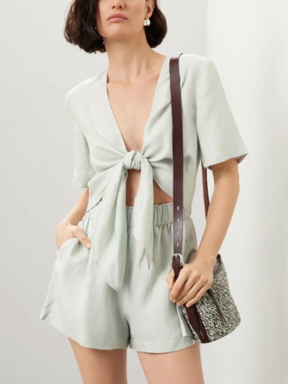Thakoon Mint Tie Waist Romper linen Cap Sleeves Plunge Neck Size 4